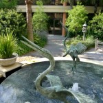 Florida “Egrets” dance over a restorative pool of falling water. Sculpture can provide a garden narrative, add interest, and reconnect observers to a regional setting.